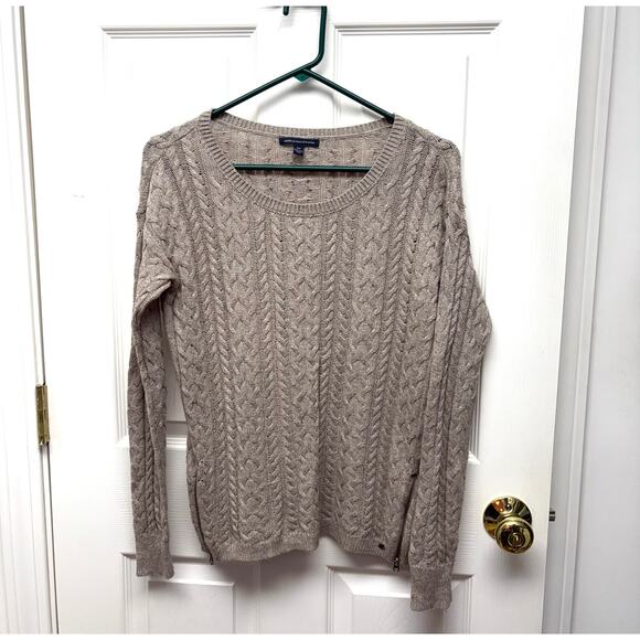 American Eagle Sweater, Crew Cable Knit, Light Brown Cotton Wool, Women's Size S - Picture 1 of 6